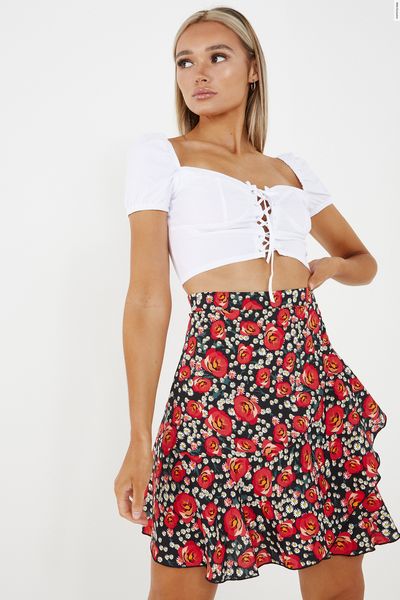 Black & Red Floral Mini Skirt